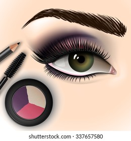 Schönes Auge mit Make-up Accessoires. Brush, Augenlider und Augenschatten. Vektorgrafik