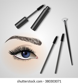 Beautiful eye with makeup accessories. Brush for eyelash, combs and  mascara. Vector illustration