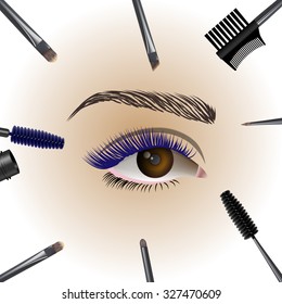 Beautiful Eye With Makeup Accessories. Brushes, Combs And Colored Mascara. Vector Illustration