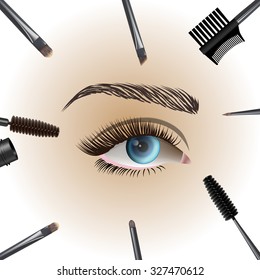 Beautiful eye with makeup accessories. Brushes, combs and colored mascara. Vector illustration