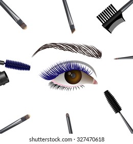 Beautiful eye with makeup accessories. Brushes, combs and colored mascara. Vector illustration