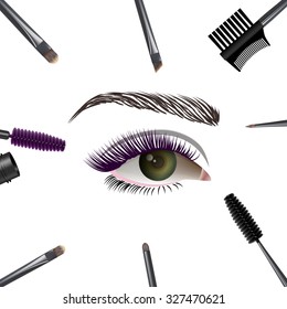 Beautiful eye with makeup accessories. Brushes, combs and colored mascara. Vector illustration