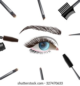 Beautiful eye with makeup accessories. Brushes, combs and colored mascara. Vector illustration