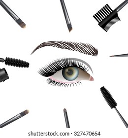 Beautiful eye with makeup accessories. Brushes, combs and mascara. Vector illustration