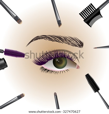 Beautiful eye with makeup accessories. Brushes, combs and colored mascara. Vector illustration