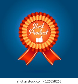 Beautiful, eye-catching golden-red vector badge "best product" with ribbons and "like" icon on a blue background