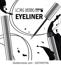 Beautiful Eyeliner Pen Poster for the promotion of cosmetic premium product. Cosmetic ads for packaging  with liquid smear ink elements. Design of New Product. 3d Vector Illustration