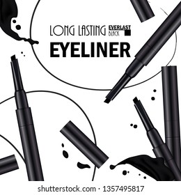 Beautiful Eyeliner Pen Poster for the promotion of cosmetic premium product. Cosmetic ads for packaging  with liquid smear ink elements. Design of New Product. 3d Vector Illustration