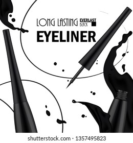 Beautiful Eyeliner Pen Poster for the promotion of cosmetic premium product. Cosmetic ads for packaging  with liquid smear ink elements. Design of New Product. 3d Vector Illustration