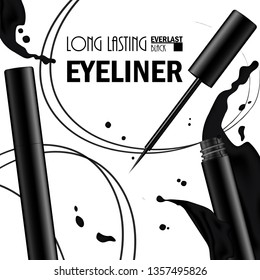 Beautiful Eyeliner Pen Poster for the promotion of cosmetic premium product. Cosmetic ads for packaging  with liquid smear ink elements. Design of New Product. 3d Vector Illustration