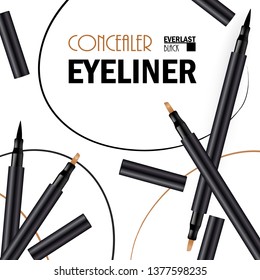 Beautiful Eyeliner Pen Poster for the promotion of cosmetic premium product. Cosmetic ads for packaging  with graphic elements. Design of New Product. 3d Vector Illustration