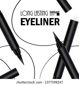 Beautiful Eyeliner Pen Poster for the promotion of cosmetic premium product. Cosmetic ads for packaging  with graphic elements. Design of New Product. 3d Vector Illustration