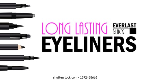 Beautiful Eyeliner Pen Set Poster for the promotion of cosmetic premium product. Cosmetic ads banner for packaging  with graphic elements. Design of New Product. 3d Vector Illustration