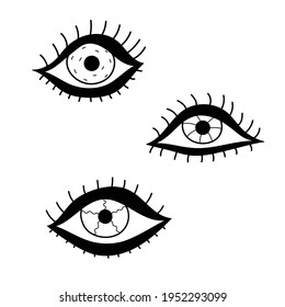 Beautiful eyes are drawn in graphics. A set of three eyes, black and white. Line, vector. Clipart, icon.