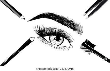 Beautiful eyes and eyebrows with set of tools and accessories for care of eyebrows and eye. Applicator for shadows brushes, combs, eyebrow pencil, tweezers. Vector illustration