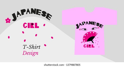 Beautiful eyes, Japanese fan, sakura flowers and petals, Quote - Japanese girl. Drawing with black, neon pink and white color. T-shirt with design logo on soft pink background. Mockup, vector drawing.