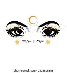 Beautiful eyes with make up in boho style. Vector hand drawn illustration