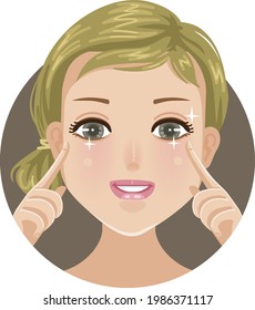 Beautiful eyes woman. closeup Illustration of a young girl with healthy eyes. She pointing to eyes and smiling.