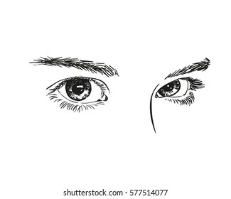 Hermosos ojos de muchacha, boceto vectorial cerrar, ilustración dibujada a mano