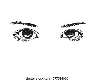 Beautiful eyes of young girl, Vector sketch close up, Hand drawn illustration