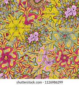Beautiful fabric background. Illustration. Doodles on a yellow, pink and black colors. Vector texture.