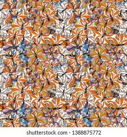 Beautiful fabric background. Vector texture. Doodles on a black, white and orange colors. Illustration.