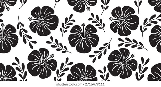 belo padrão de tecido flores de hibisco preto, motivo de folha, flor de hibisco desenhada à mão em um fundo branco. Padrões de tecido de verão para camisas havaianas. motivos botânicos hibiscus floral.black branco.