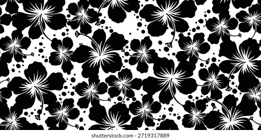 Beautiful fabric pattern black hibiscus flowers motif, hibiscus flower on a white background. Summer fabric patterns for Hawaiian shirts. botanical motifs floral hibiscus.black white.