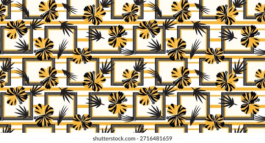 Hermoso patrón de tela de flores de hibisco negro y amarillo, motivo floral y marco, flor dibujada a mano patrón de hibisco. Patrones de tela de verano para camisas hawaianas. motivos botánicos de hibisco floral.