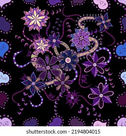 Beautiful fabric pattern. Doodle flowers and branches, herbs and flowers. Vector illustration. Hand drawn.