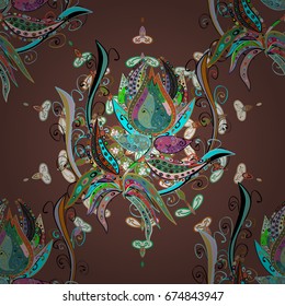Beautiful fabric pattern. Hand drawn. Doodle flowers and branches, herbs and flowers. Vector illustration.