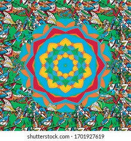 Beautiful fabric pattern. On green, blue and black colors. Vector illustration. Seamless Floral Pattern in Vector illustration.