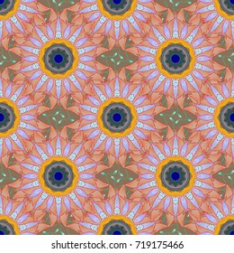 Beautiful fabric pattern. Seamless Floral Pattern in Vector illustration. On beige, blue and orange colors. Vector illustration.