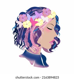 A beautiful, fabulous girl with colorful, short and curled hair. With a wreath of flowers on his head. Vector graphics. For the design.