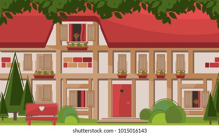 beautiful facade of a cozy country house with open windows, flower pots, green flower beds and a garden