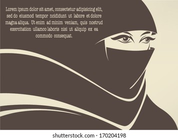 beautiful face of arabic muslim woman in dark clothes, vector banner