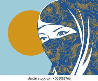 beautiful face of arabic muslim woman, vector illustration