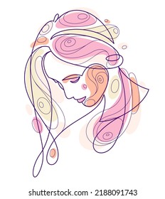 Beautiful face of attractive woman vector linear drawing, sensitive emotional line art adult girl portrait, feminine abstract face line art.