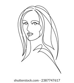 Beautiful face of attractive woman vector linear drawing, sensitive emotional line art adult girl portrait, feminine abstract face line art.