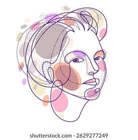 Beautiful face of attractive woman vector linear drawing, sensitive emotional line art adult girl portrait, feminine abstract face line art.