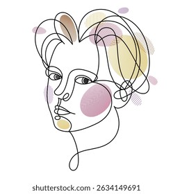 Beautiful face of attractive woman vector linear drawing, sensitive emotional line art adult girl portrait, feminine abstract face line art.