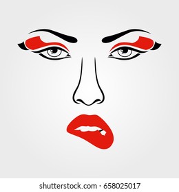 A beautiful face with bright red lips. Fashion illustration.