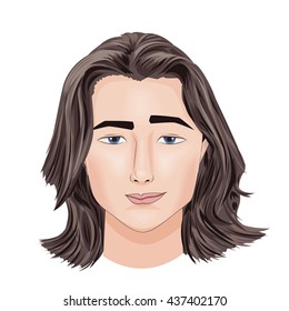 Beautiful face of brunette guy with medium hair and slight sneer,vector