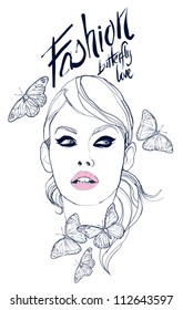 beautiful face with butterflys vector illustration