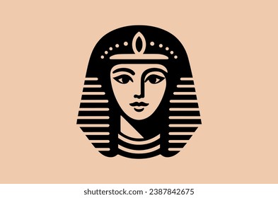 La hermosa cara de Cleopatra. Simple ilustración vectorial moderna. logotipo, icono, emblema. Negro sobre un fondo beige.