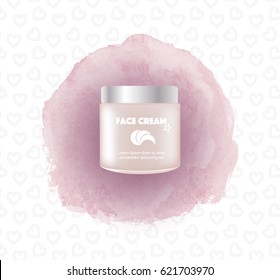 Beautiful face cream packaging concept, vector illustration. Pink tender cosmetics mockup on hand drawn watercolour and seamless hearts pattern background.