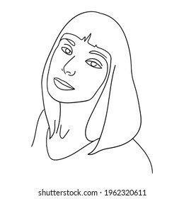 A beautiful face is drawn in a linear style. A woman with loose hair. A thin line outlines the features of the face. Black silhouette on a white background. Isolated vector illustration