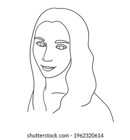 A beautiful face is drawn in a linear style. A woman with loose hair. A thin line outlines the features of the face. Black silhouette on a white background. Isolated vector illustration
