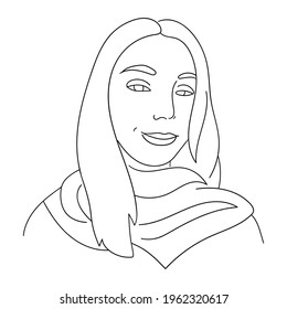 A beautiful face is drawn in a linear style. A woman with loose hair. A thin line outlines the features of the face. Black silhouette on a white background. Isolated vector illustration