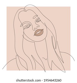 The beautiful face is drawn in one continuous line style. Woman with loose hair. The lips are highlighted in a different color. Silhouette on a beige background. Isolated vector illustration